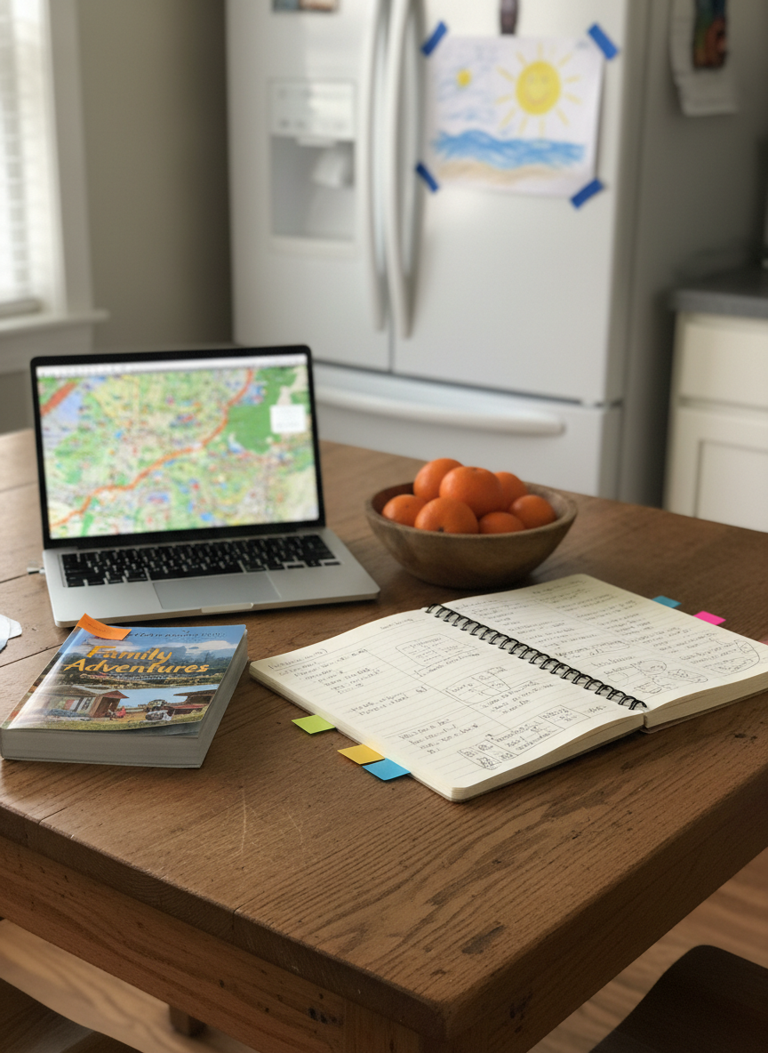 An open kitchen table scene in photographic realism, featuring a slightly scuffed oak tabletop covered with a spread of travel planning essentials: a laptop showing a blurred map interface, a notebook filled with handwritten notes, colored sticky tabs marking pages in a family guidebook, and a bowl of bright clementines. In the background, a child’s crayon drawing of a sunny beach is taped to a white fridge, implying family life without any people. Soft morning light streams through a nearby window, creating a calm, hopeful mood. Shot from a slightly elevated angle with a balanced composition and moderate depth of field, the image feels authentic, playful, and full of everyday practicality.