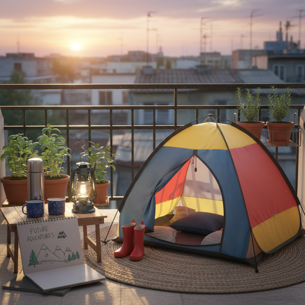A small, sunlit apartment balcony transformed into a pretend campsite in photographic realism. A compact pop-up tent in cheerful colors sits on a woven outdoor rug, with a pair of tiny rubber boots and a lantern placed just outside the entrance. A low table holds a thermos, two enamel mugs, and a notebook open to a sketched itinerary for future trips. In the background, potted herbs and modest city rooftops suggest everyday urban family life. Soft late-afternoon sunlight creates warm highlights and gentle shadows, giving the scene a playful, aspirational mood. Shot at eye level with moderate depth of field, the image balances cozy detail in the foreground with blurred cityscape beyond, symbolizing making the most of limited time and space.