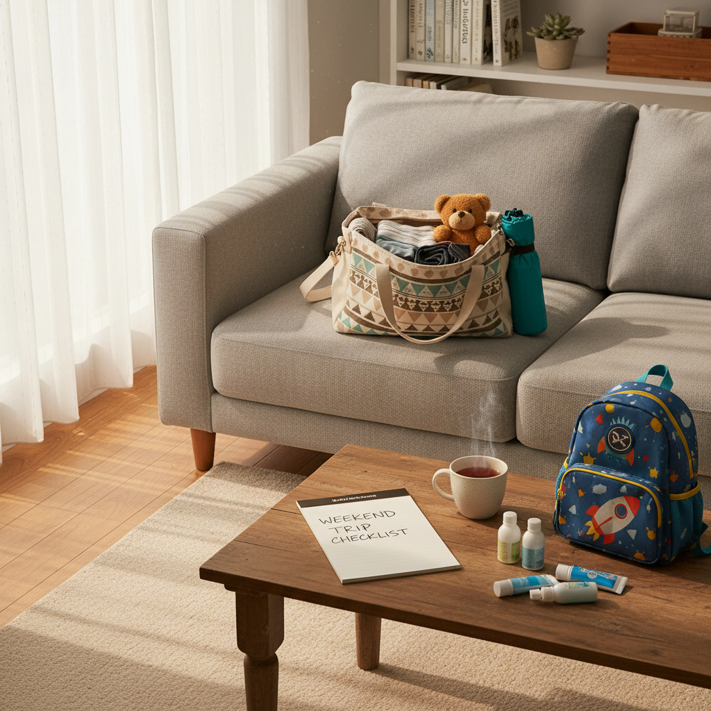 A cozy living room corner captured in photographic realism, centered on a soft, light-gray sofa where a patterned weekend bag is half packed with rolled clothes, a plush toy peeking out, and a compact umbrella tucked at the edge. On the coffee table in front, a notepad titled with a handwritten packing checklist sits beside a cup of tea and a scattered set of travel-sized toiletries. A colorful children’s backpack leans against the table leg, suggesting young travelers without depicting them. Warm golden hour light pours through sheer curtains, casting gentle, elongated shadows. The mood is relaxed and playful, with an eye-level composition and shallow depth of field that focuses on the quiet chaos of family trip prep.